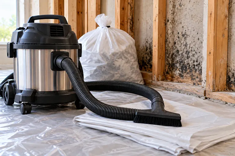 Plastic sheeting and a vacuum set up to contain a mold cleanup