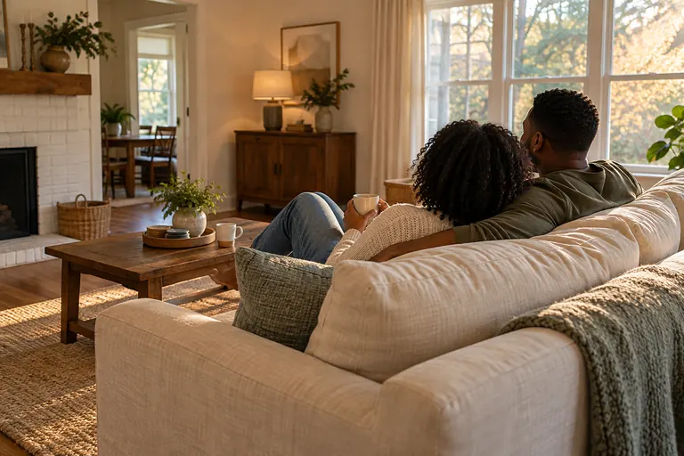 A couple relaxing on a clean, light sofa