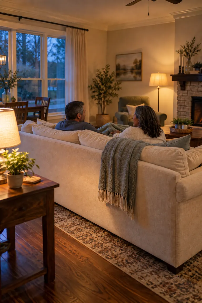 A couple on a clean sofa in a warm living room