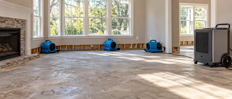 Air movers and a dehumidifier drying a room after water damage