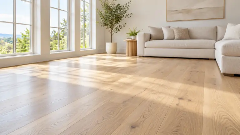 A bright living room with clean light oak floors