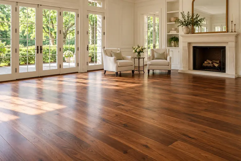 A sunlit room with glossy walnut floors
