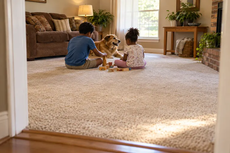 Two children and a dog playing on a soft, clean living room carpet