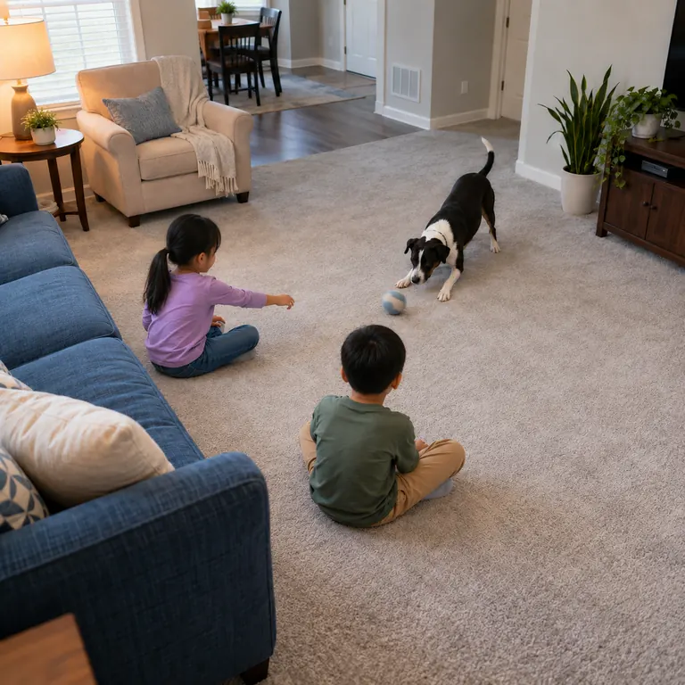 Children playing with a dog on a light, clean carpet