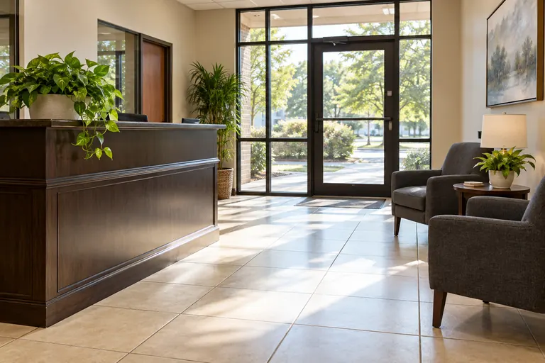 A clean, bright office lobby with a tile floor