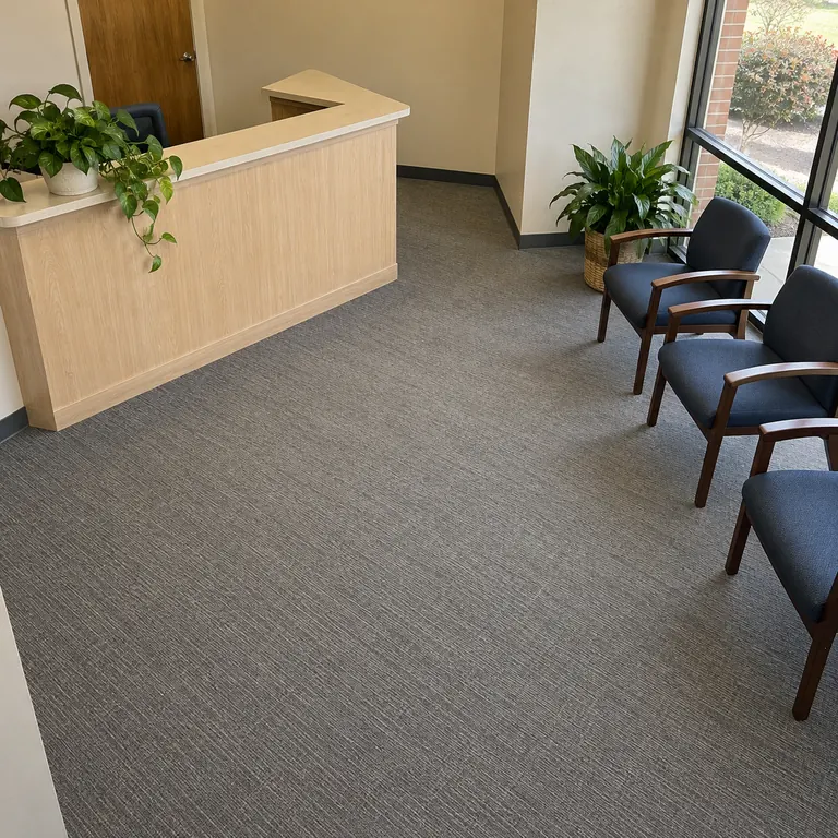 A clean carpeted office waiting room