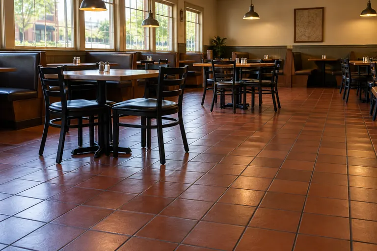 A clean terracotta tile floor in a restaurant dining room