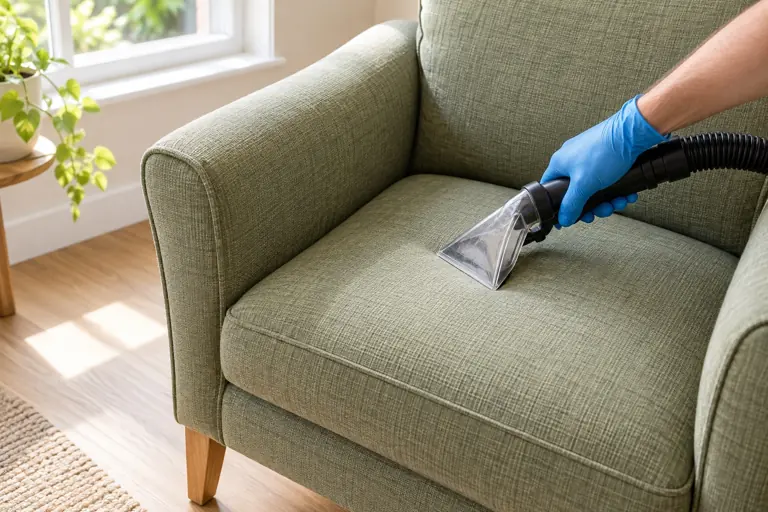 An upholstery tool cleaning a green armchair seat