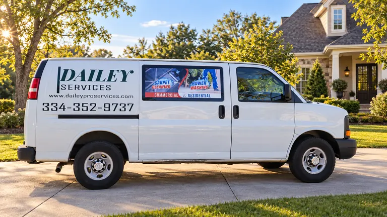A Dailey Services van in a neighborhood driveway in the afternoon sun