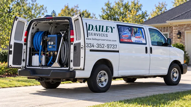 A Dailey Services van with its rear doors open and the equipment inside