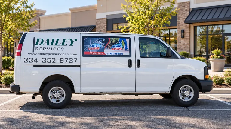 A Dailey Services van parked outside a row of storefronts